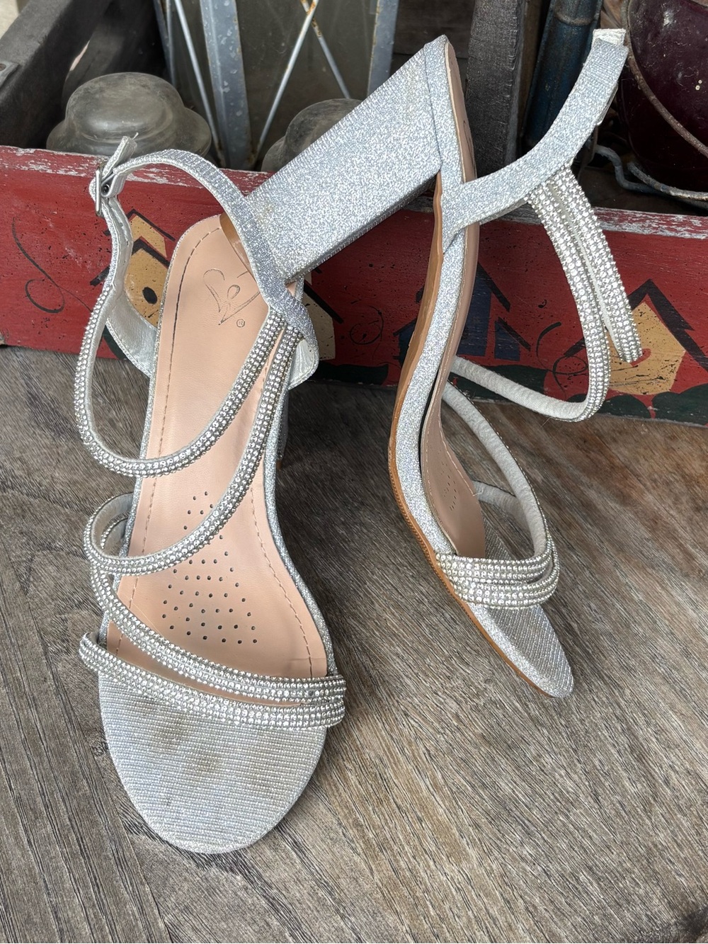 Windsor Avani Silver Glitter Strappy Block Heel Sandals